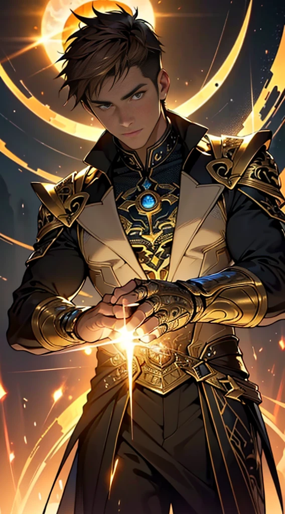 (masterpiece:1.2), (illustration), (best quality:1.2), (best aethetic:1.1), (beautiful art:1.2), (ultra-detailed:1.2), (8k), (HDR), (cinematic lighting), (wallpaper), (sharp focus), (intricate), man wearing futuristic gauntlet, 175cm tall, brown hair colours, short hair cut, wearing black suit, sun energy, yellow aura sparks all over his body, background big sun shinning brightly, horror