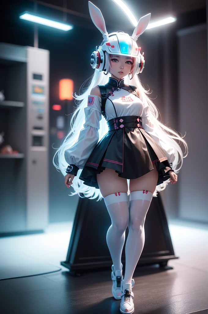 chinese bunny, (Blind box toy style:1.2), (Full body shot) , 1 Transparent cute girl,Behind him a transparent and cute rabbit, Transparent mech, Exquisite helmet:1.2, Luminous horn:1.2, Cyberpunk, dreamy glow, luminous neon lights, Clean, White background, ( Global illumination, Ray traching, hdr, unreal render,reasonable design, high detal, Masterpiece, Best quality, hyper HD, Cinematic lighting)