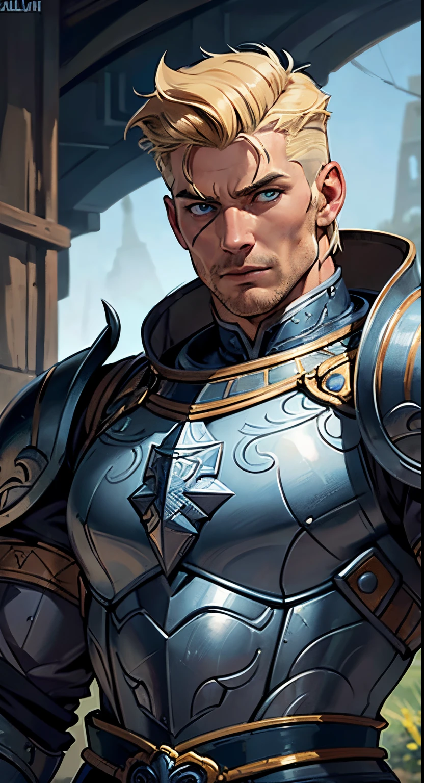 1 man, Swedish man, solo focus, 27 years old, brutish, toned body, short quiff blond hair, intricate paladin armor, lean muscular body, bluish eyes, battle axe, war cry, masterpiece, ultra HD, insane details, realistic, detailed face, war face paint, detailed skin texture, blurred background, battle field,