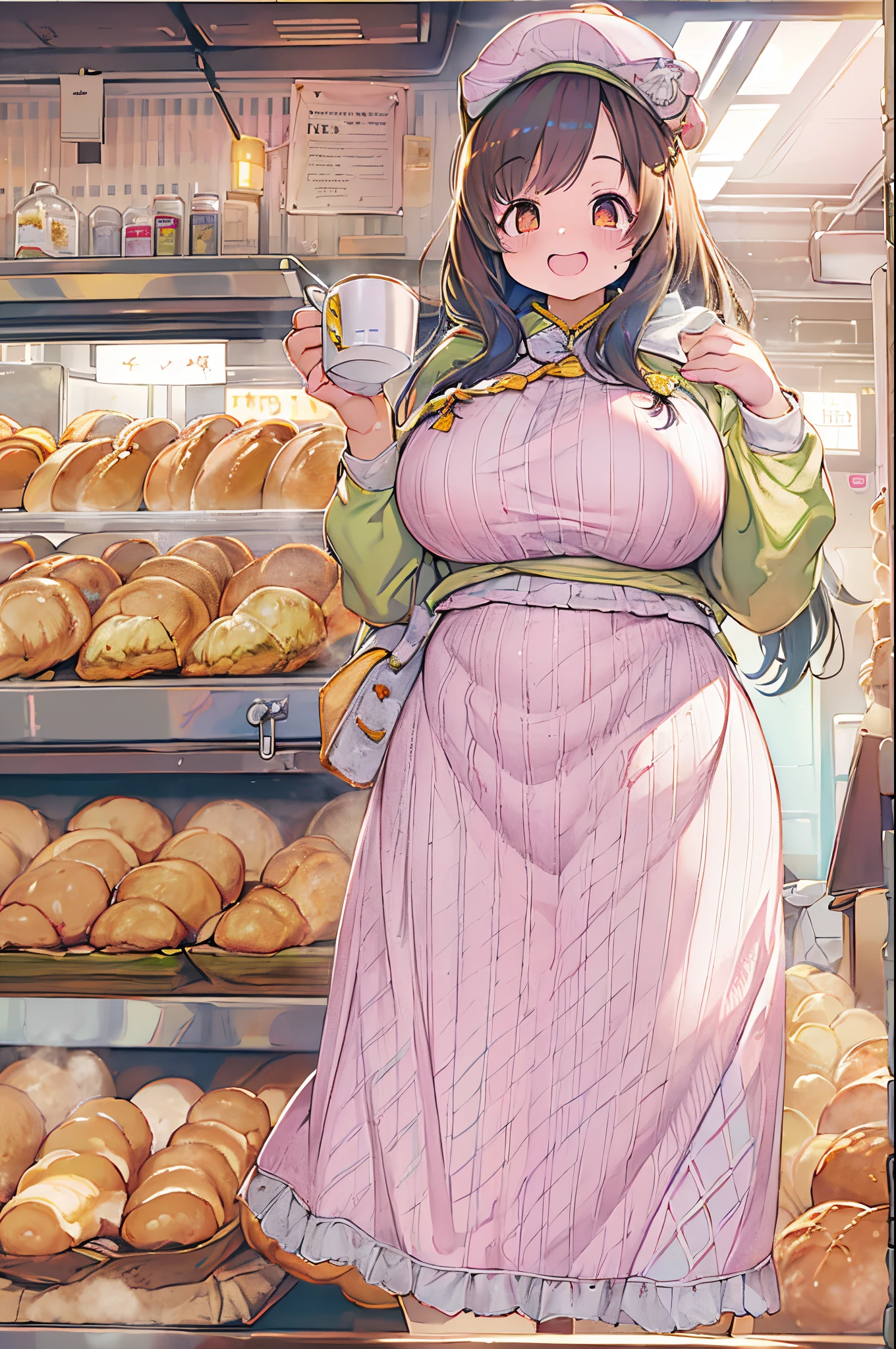 女の子1人、huge-breasted、kawaii、bbw、thick thight、big butts、Ultramammy,pleatedskirt、Bakery、Baker、with a cuppa bread、A big smile