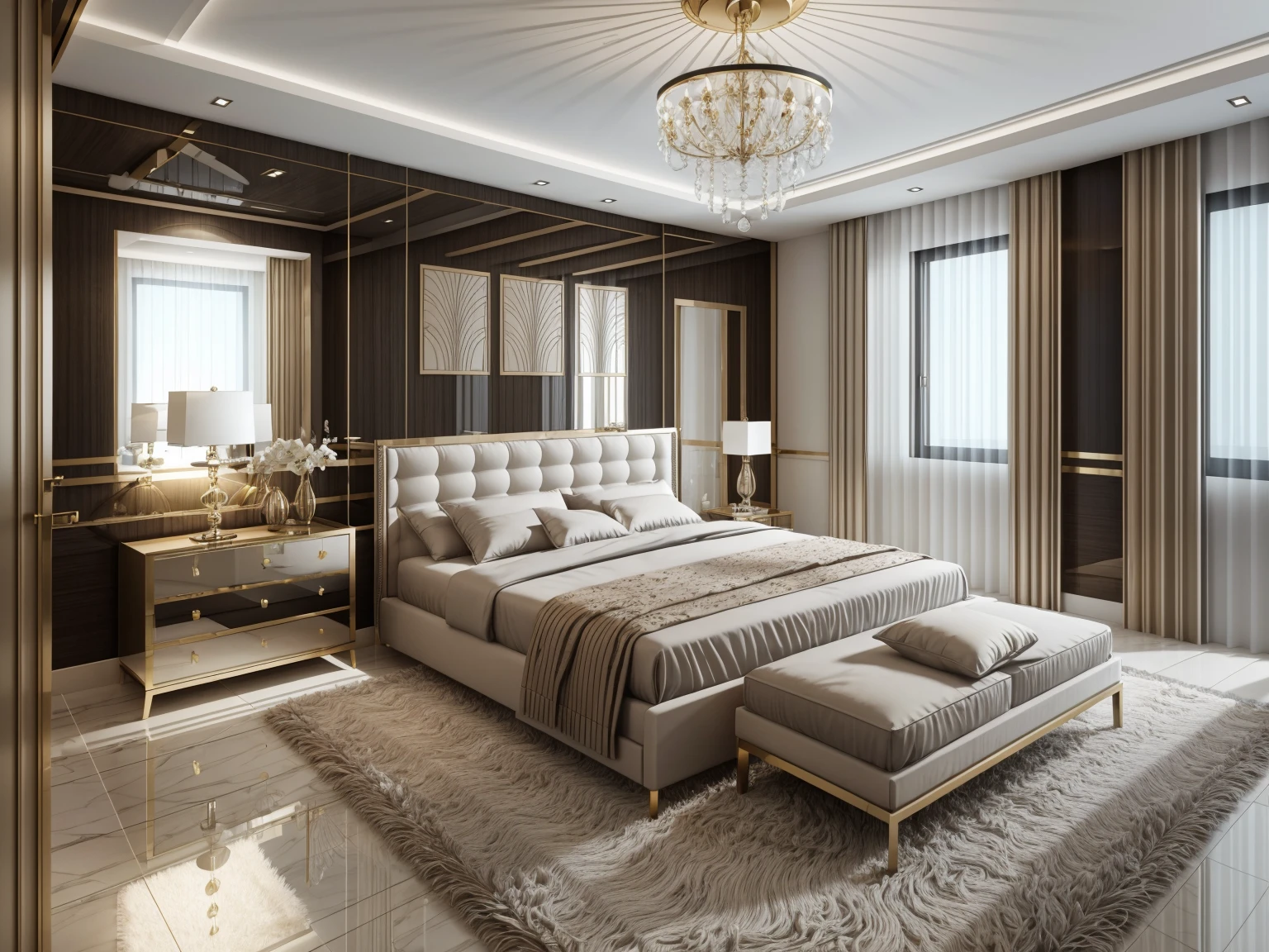 view of a modern bedroom , a chandelier, bedroom background, bedroom interior, luxury hd render, interior design details, interior design background, in style of 3d render, interior design, inside of a bedroom, apartment design, realistic art deco, 3 d design