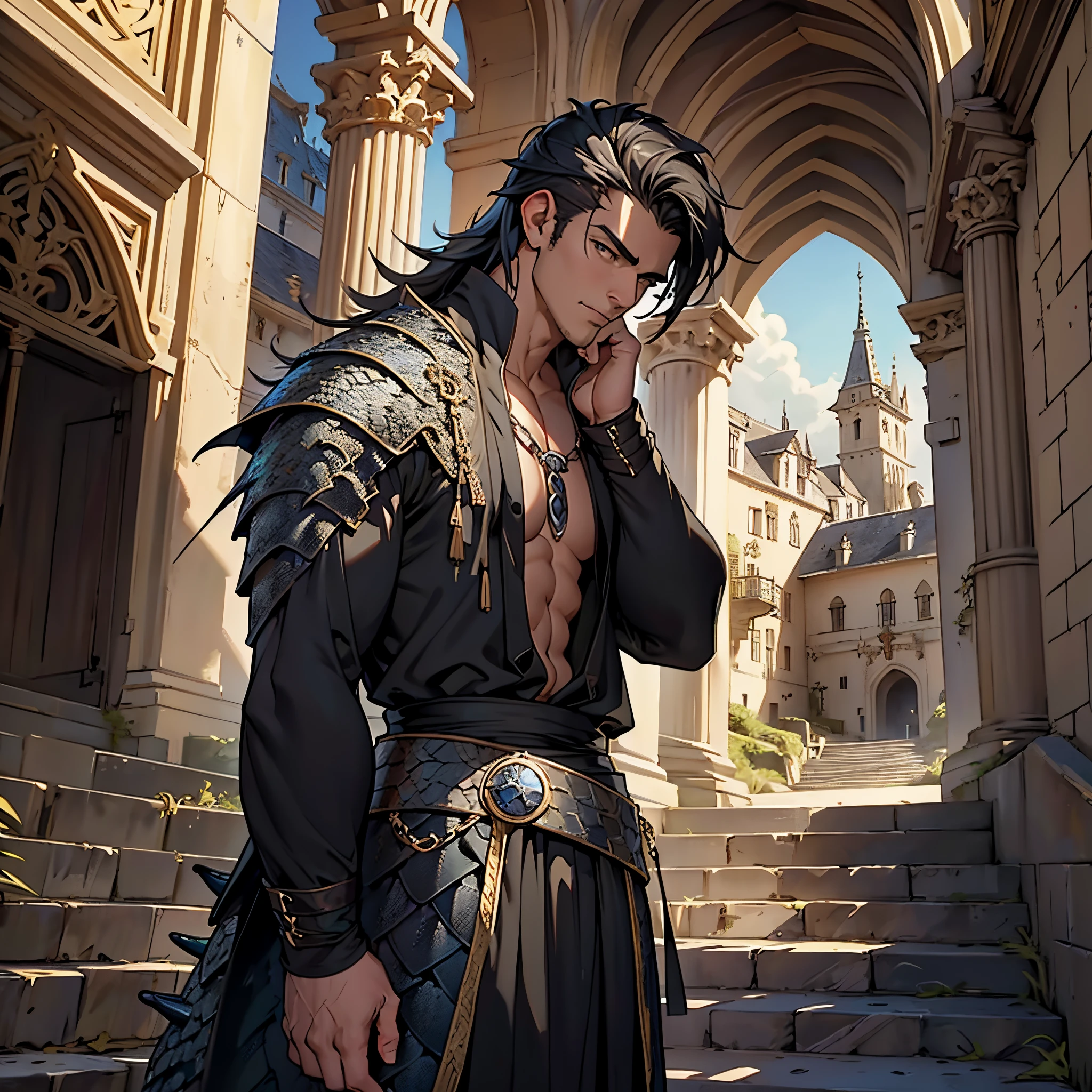 masterpiece, Best Quality, 4k, Very detailed, 1 person(((waist up))), Background with:In front of the stairs of a medieval castle built into a cliff, Black-haired man, armature (((made from dragon scales)))
