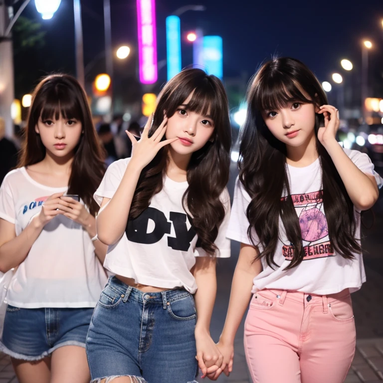 Disney PIXUS 19 year old 2 girls Walking home at night The girl on the right has pink cheeks, long wavy brown hair, short bangs, Double eyelids, Large eyes, White T-shirt and black jeans. The  on the left has long straight black hair., short bangs, Double eyelids, Large eyes, White T-shirt and blue jeans posing with hand on face