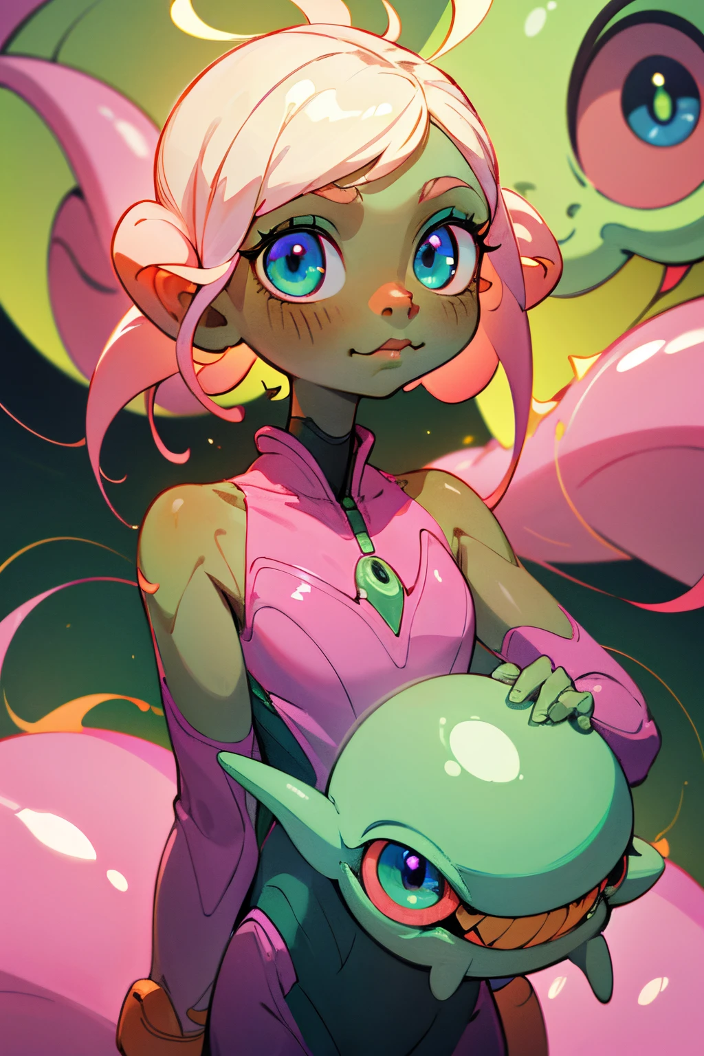 cute alien from Venus,green skin,Beautiful eyes,alien mustache on head, wear high quality pink clothes,4k,8K,hight resolution,Masterpiece:1.2),Ultra-detailed,portrai,Vivid colors,studio lightning, (alien skin tone)