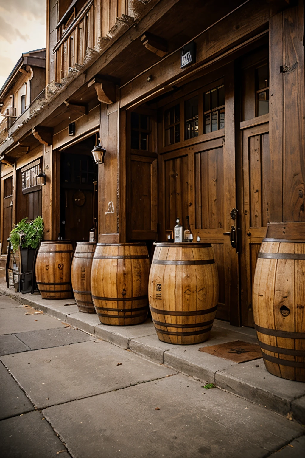 at the bar from the street entrance near the large wooden doors there are five huge barrels