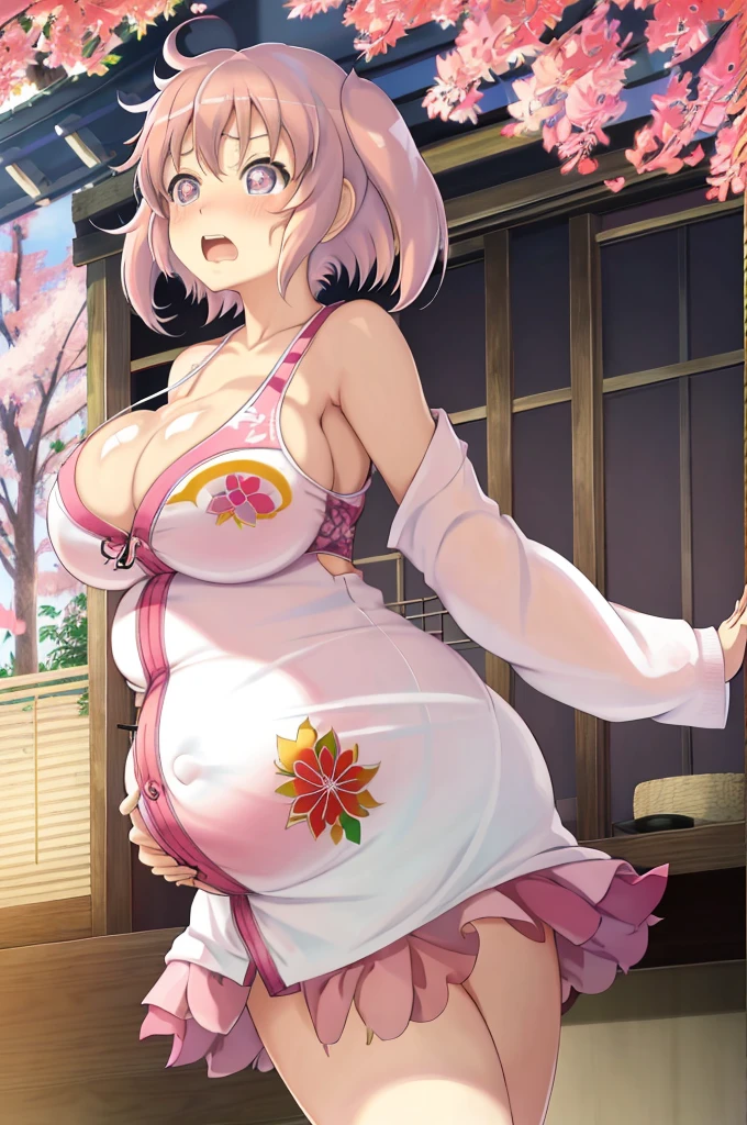 kimono, masterpiece, best quality, hibari (senran kagura), symbol-shaped pupils, pink hair, open mouth, huge breasts, (+_+:1.1), sparkling eyes, blue eyes, short twintails, (track jacket:0.9), blush, embarrassed, cleavage, arms behind back, pregnant, hyper pregnant