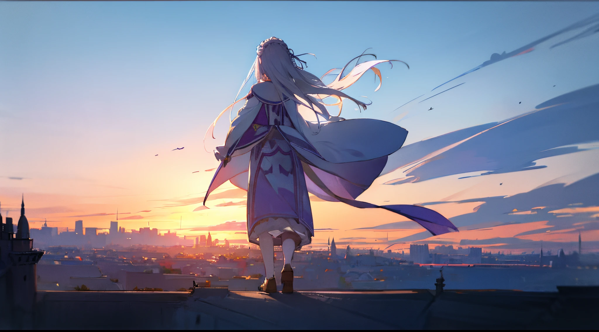 re:zero, big medieval city, detailed, masterpiece, emilia, going, from behind, gray hair, hair fluttering in the wind, amazing sky, , detailed lighting, 8k