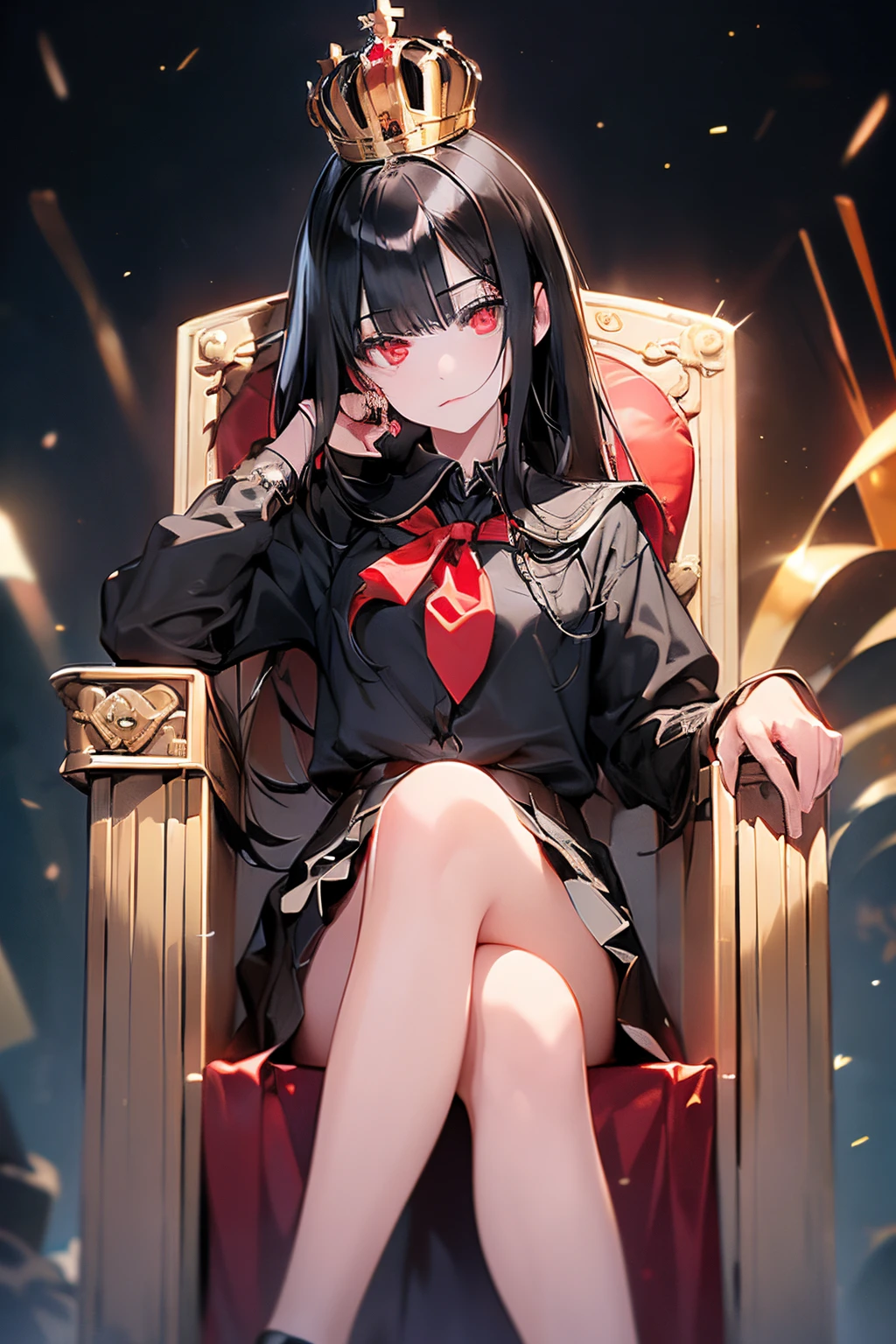 scene:0.9, (masterpiece), (((ultra detailed, 8k quality))), high quality, (centered depiction of a girl in a school uniform, sitting with her legs crossed on a throne, armrests), ((wearing golden crown)), (long black hair, side bangs), (full body:0.7), ((torso)), perfect fingers, (wide shot:0.7), from below, expressive ruby red eyes, (looking at viewer with pleading eyes, black hair, side bang, expressive red eyes:0.7, glowing red eyes), (depth perception:0.7, black background, blurry background), 14 years old, (distanced), throne