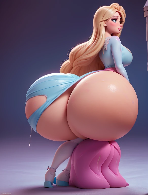 There is a woman in light blue lingerie.,  lingerie with lace, Frozen Anna Appearance, Cautivador y atractivo, cabello rubio, boca abierta, Ropa rasgada, seductor y poderoso, lace lingerie, amante, sensualidad, smil, descuento demasiado grande, congelado, Dama seductora, Liga del Amor, BDSM Sitting on the floo with back to camera, blonde version only, ((breast more bigger than torso:1.3), thicc girl, ((voluptuous body)), ((huge ass)) , (((huge hips))) , shine hair, huge breast, tight clothes, (((hyper gigantic ass:1.5))), ((BBW)), ((large ass)), (((NSFW))).