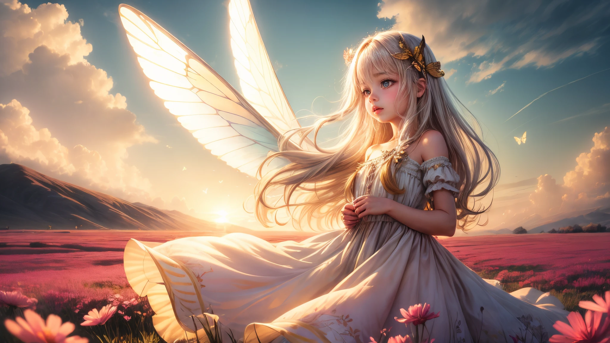 ((Innocent)) girl, golden hour, dreamy meadow, ethereal, whimsical, flowing dress, soft sunlight, enchanting, butterfly wings, (pastel clouds), liquid reflections