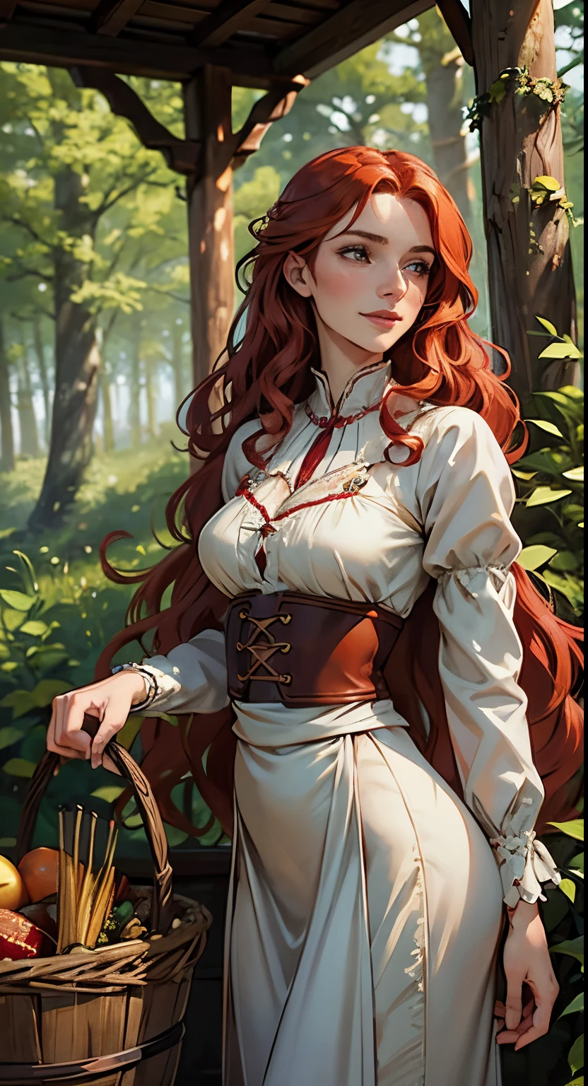 1 woman, beautiful Irish woman, 23 years old, solo focus, long wavy red hair, hazel eyes, pretty smile, medium breasts, slender body, peasant maiden costume, choosing groceries, masterpiece, ultra HD, raw photos, detailed skin textures, detailed face, detailed hair, perfect hands, dynamic angle, blurred background, forest edge, looking away