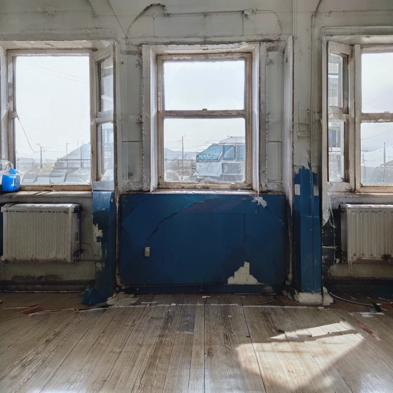 (highres, 8k:1.2), abandoned room, two square windows, rectangular frames, white and blue light, (award-winning photography:1.1), ISO800 8K