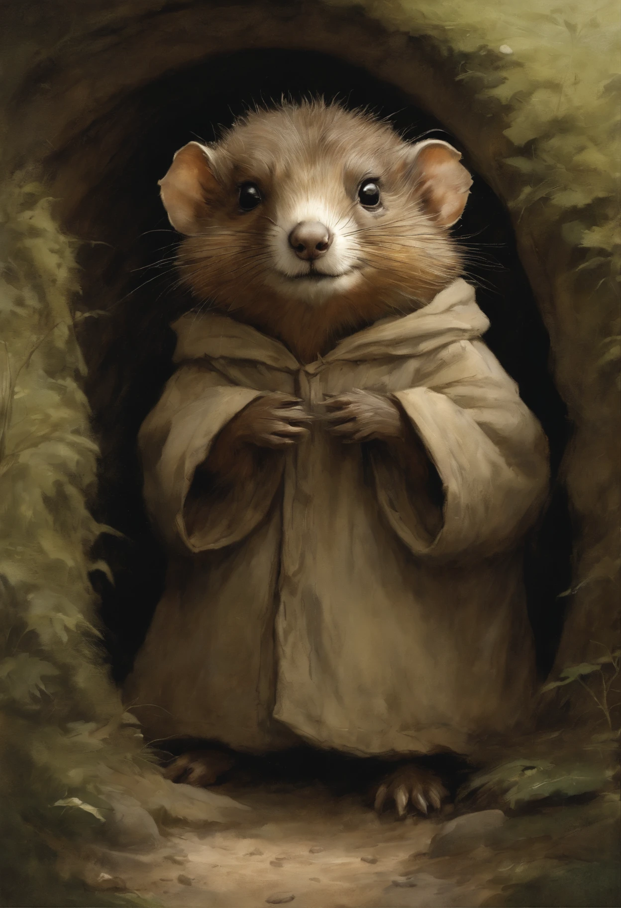 真实感, dark fantasy style, John Tolkien style, Small painting by Jean-Baptiste Monge, portraite of a, Little gremlin, looks like a cute little marmot, large semicircular pointed fluffy ears, tousled , Sand-colored wool, wears a rag raincoat, peeks out of a hole-house, house in the fox hole, The Hobbit House, Hobbiton village. Jean-Baptiste Monge, anthropomorphic --ar 2:3 --testp -optimistic;