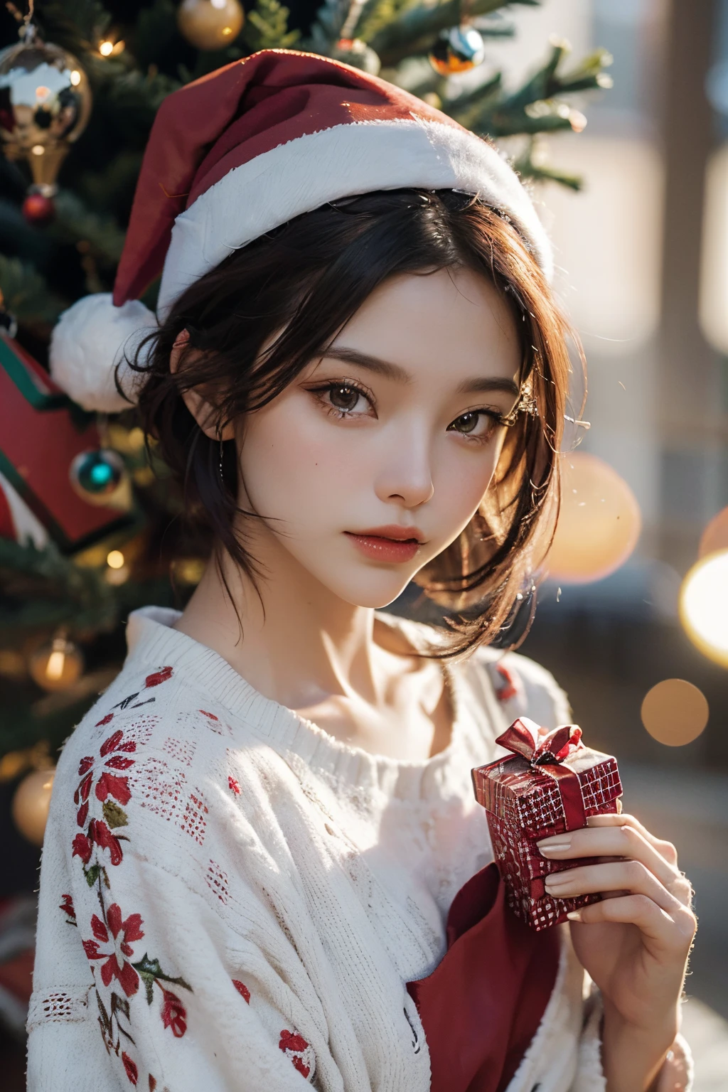 (A masterpiece of bright and vibrant colors.),(detailed and intricate),(photo-realistic:),(ultra-detail),(Santa Claus outfit),(purple hair),(seductive expression),(Beautifully decorated Christmas tree),(Christmas theme),(Charming gestures),(holding a gift box),(High Image),(Unique and interesting composition),Beautiful Finger