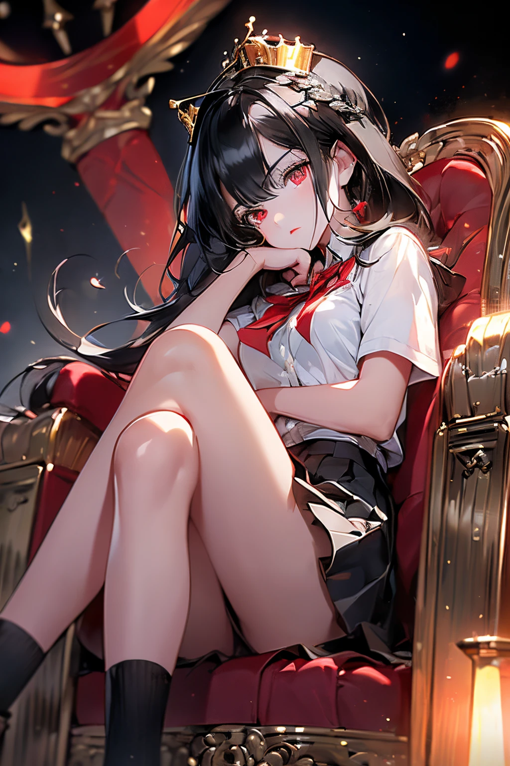 scene:0.9, (masterpiece), (((ultra detailed, 8k quality))), high quality, (centered depiction of a girl in a school uniform, sitting with her legs crossed on a throne, armrests), ((wearing golden crown)), (long black hair, side bangs), (full body:0.7), ((torso)), perfect fingers, (wide shot:0.7), from below, expressive ruby red eyes, (looking at viewer with pleading eyes, black hair, side bang, expressive red eyes:0.7, glowing red eyes), (depth perception:0.7, black background, blurry background), , (distanced), throne