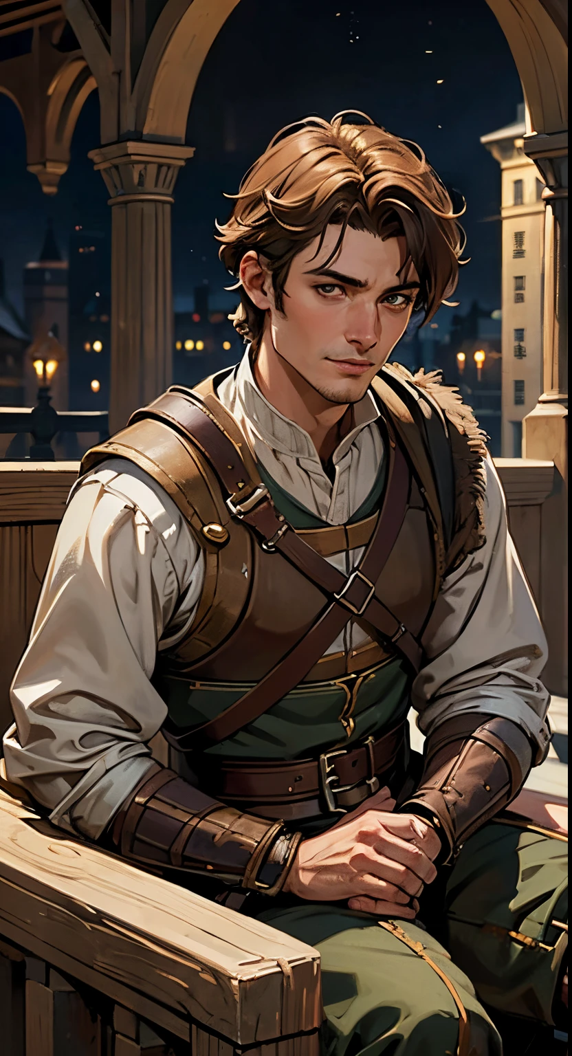 “(best quality, realistic, highres), young man, short brown hair, brown eyes, arch and arrow, medieval"