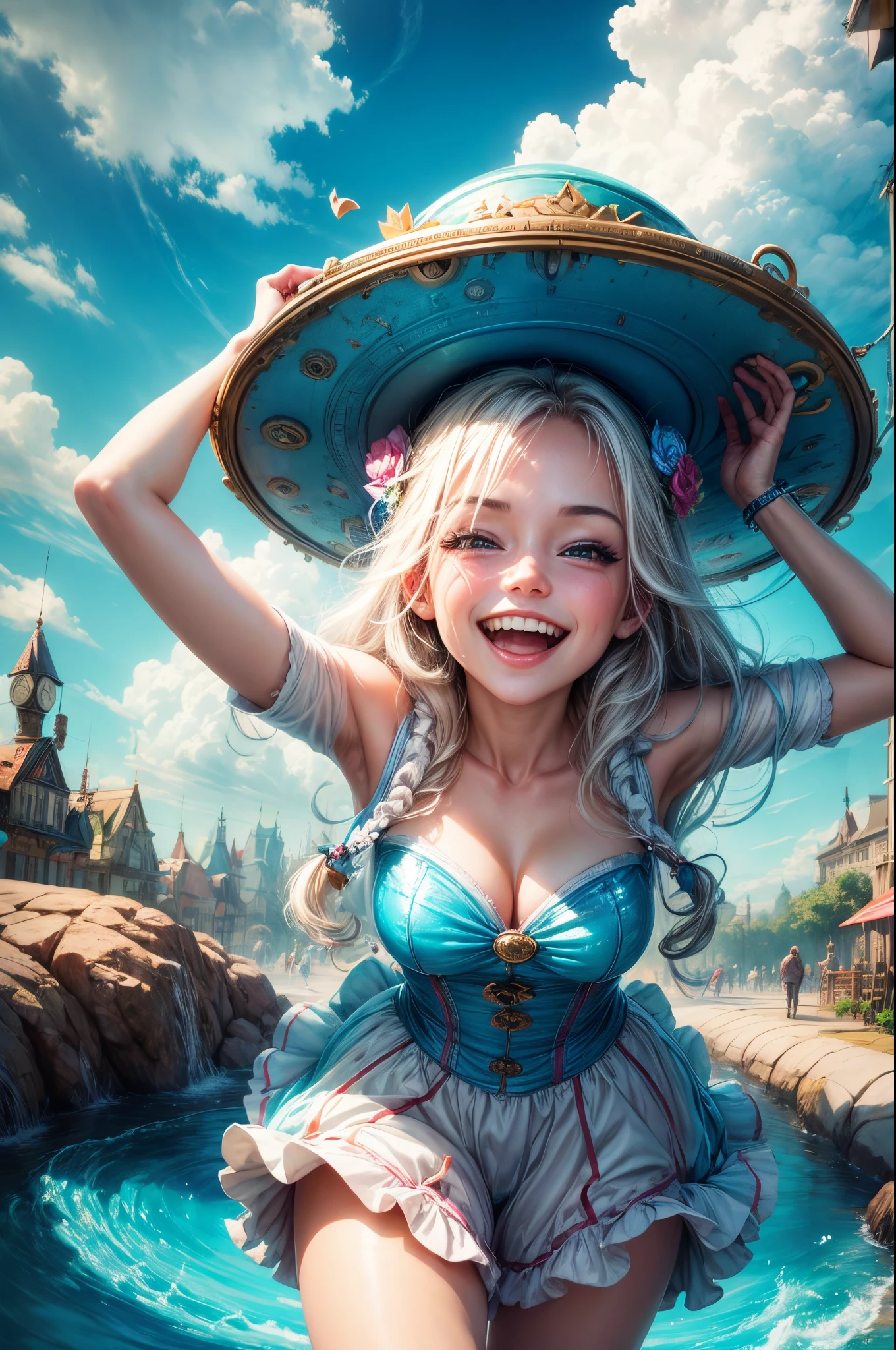 "((Innocent)) Smile, playful escapade, clockwork wonderland, joyous moments frozen in time, ((effervescent clouds)), liquid laughter, vibrant colors, whimsical tales