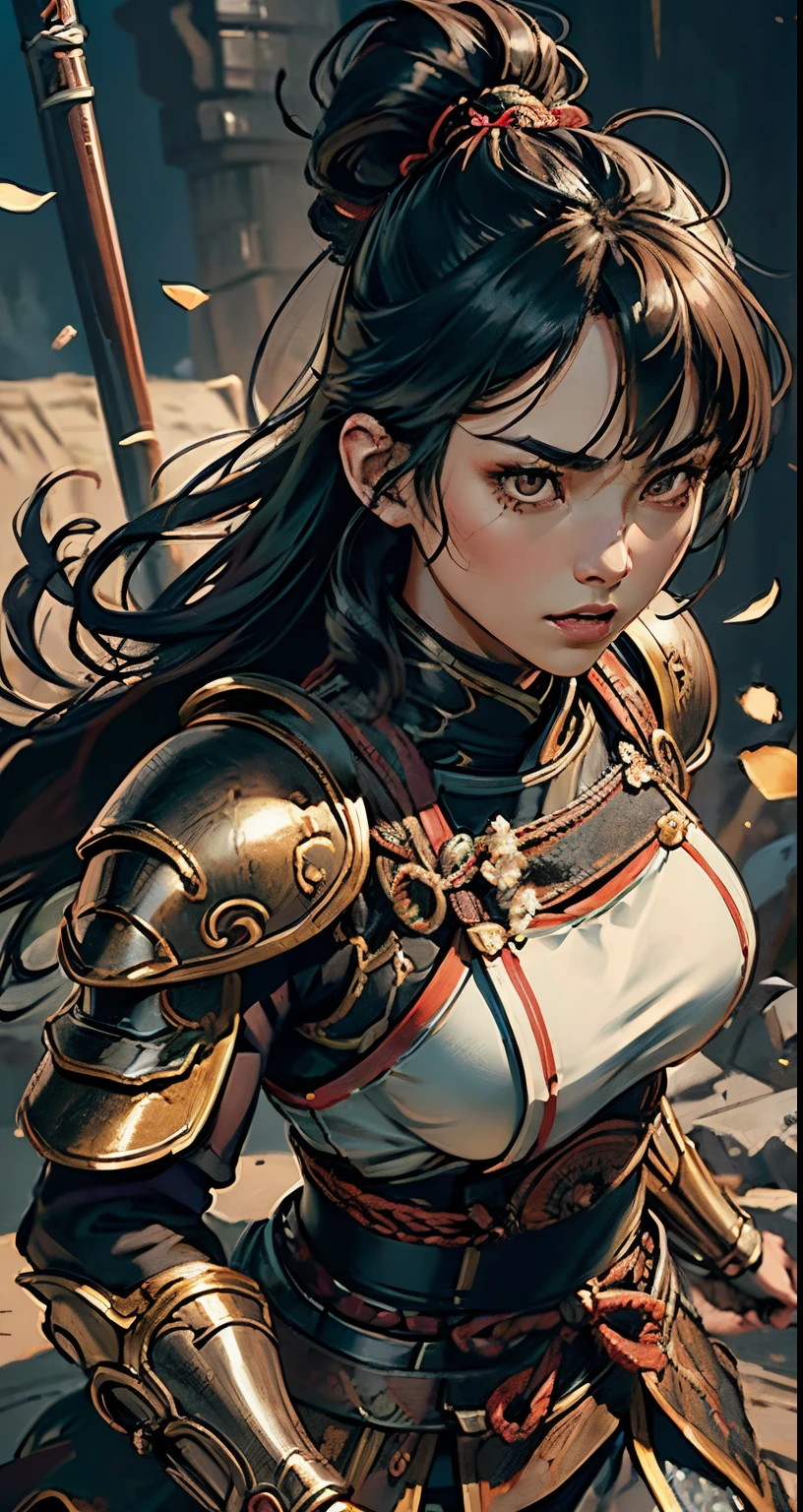 1 woman, japanese woman, 25 years old, solo focus, black hair with bangs, dark eyes, medium breasts, toned body, intricate samurai armor, battle poses, masterpiece, ultra HD, raw photos, detailed skin textures, detailed face, detailed hair, perfect hands, dynamic angle