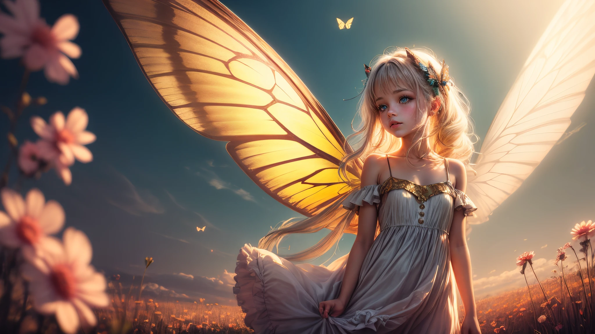 ((Innocent)) girl, golden hour, dreamy meadow, ethereal, whimsical, flowing dress, soft sunlight, enchanting, butterfly wings, (pastel clouds), liquid reflections