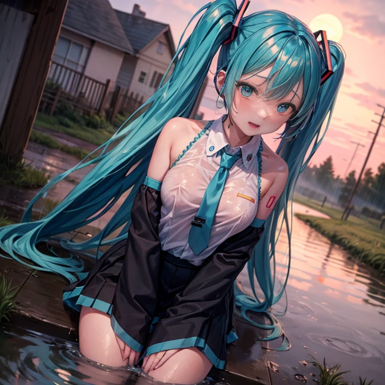 NSFW,miku hatsune,校服,show through,Very heavy rain,red blush,cloudy ash sky,lie in a puddle,Clothes tear,mud,Open your crotch,lower body exposure,Girl trembling with sexual climax,Chest exposed,vaginal,country road,Body getting wet,Rural bus stop in the background,outside of house,
