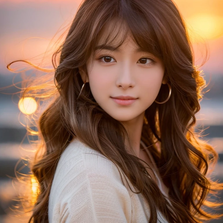 An ultra-high picture quality、Perfect Photo、18yo woman、Sunset、wavy high shear hair、Wolfhair、