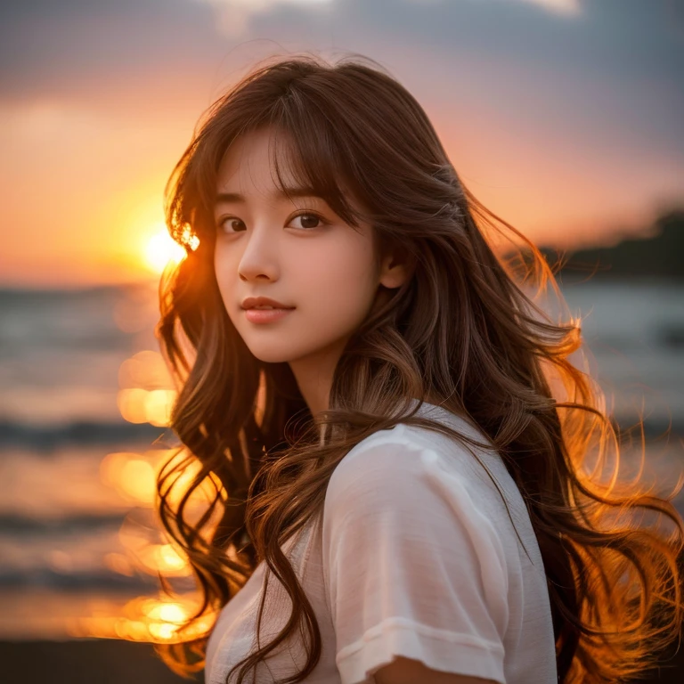 An ultra-high picture quality、Perfect Photo、18yo woman、Sunset、wavy high shear hair、Wolfhair、