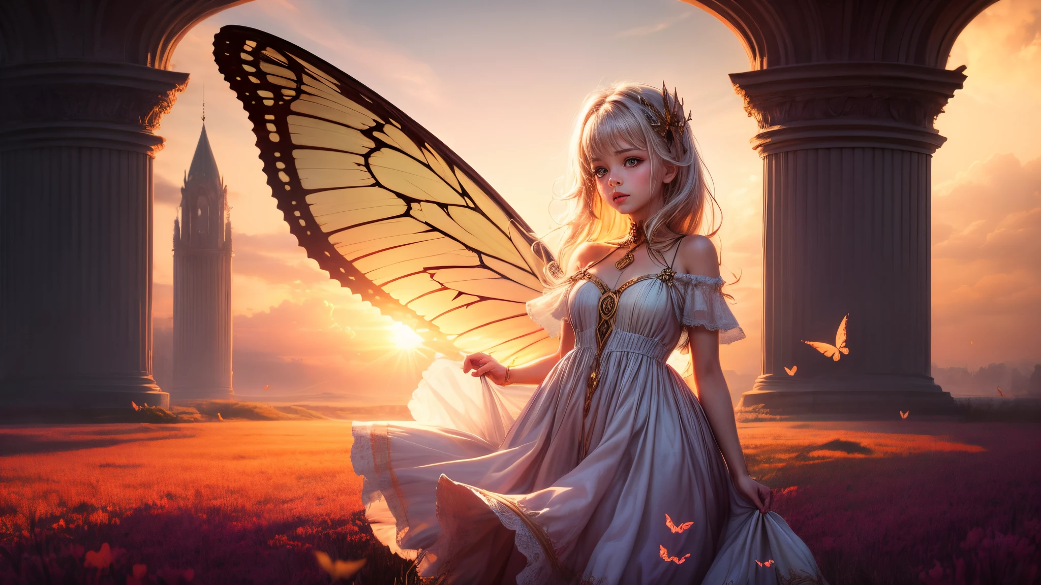 ((Innocent)) girl, golden hour, dreamy meadow, ethereal, whimsical, flowing dress, soft sunlight, enchanting, butterfly wings, (pastel clouds), liquid reflections