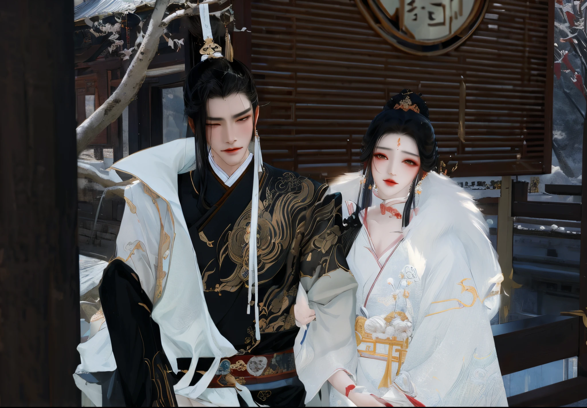 8K,need,exquisite facial features,Withstand the cold,Jianghu fairy style,Fang Chengyi sweetheart,Two people hugging each other'The Arm,Two Chinese people in traditional clothes posing for a photo, yiqiang and shurakrgt, full-body wuxia, ruan jia and brom, white hanfu, inspired by Guan Daosheng, Imperial royal elegant clothing, Wearing ancient Chinese clothes, Matches ancient Chinese costumes, ruan jia and fenghua zhong