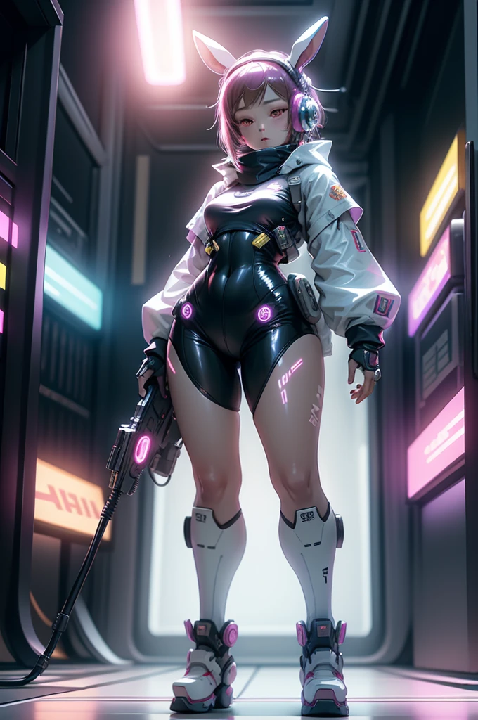 chinesebunny, (Blind box toy style:1.2), (Full body shot) , 1 Transparent cute girl,Behind him  a transparent and cute rabbit, Transparent mech, Exquisite helmet:1.2, Luminous goggles:1.2, Cyberpunk, dreamy glow, luminous neon lights, Clean, bloody background, ( Global illumination, Ray traching, hdr, unreal render,reasonable design, high detal, Masterpiece, Best quality, hyper HD, Cinematic lighting)