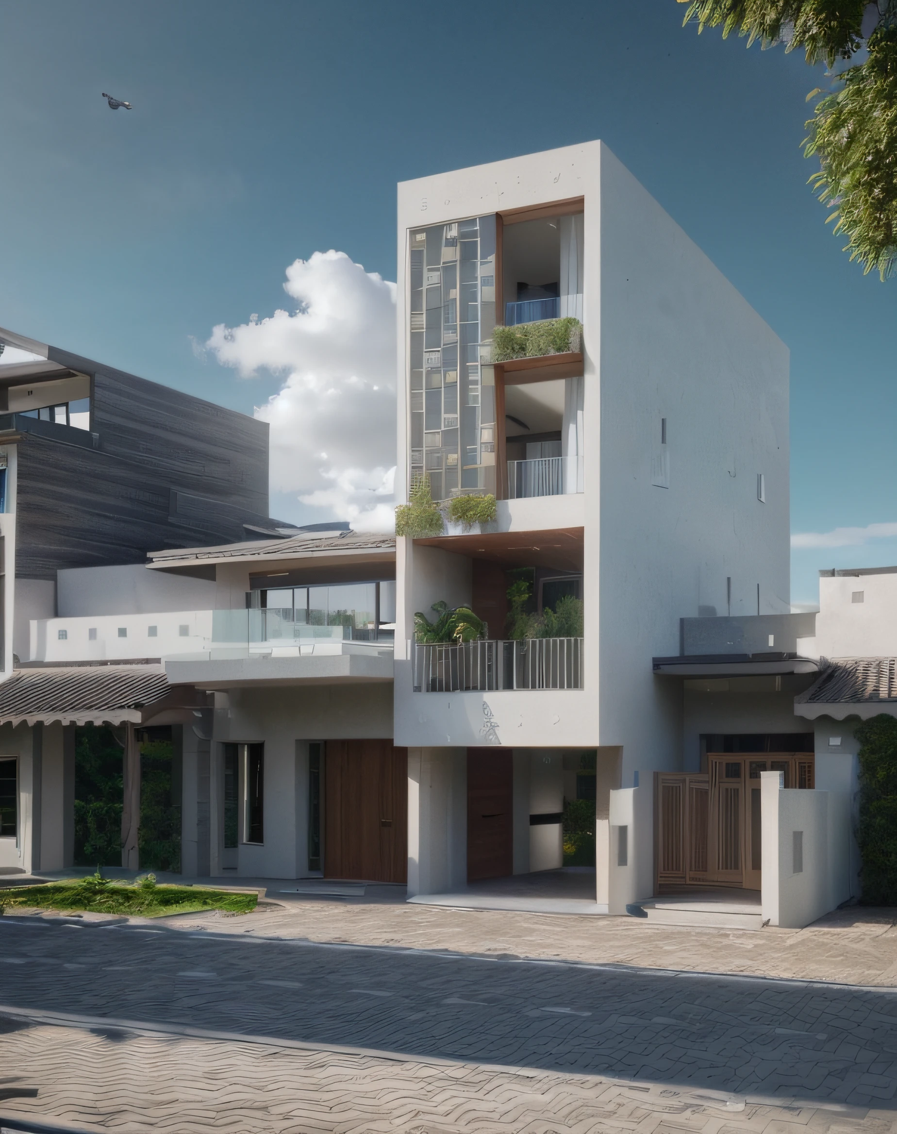AsteriaVK villa01, outdoors, sky, day, tree, no humans, window, watermark, grass, plant, building, scenery, stairs, fence, house, dvArchModern, 85mm, f1.8, portrait, photo realistic, hyperrealistic, orante, super detailed, intricate, dramatic, sunlight lighting, shadows, high dynamic range,  house, masterpiece,best quality,(8k, RAW photo:1.2),(( ultra realistic)), modernvilla, blackandwhite, trees, vine, architecture, building, cloud, vivid colour, masterpiece,best quality,super detailed,realistic,photorealistic, 8k, sharp focus, a photo of a building, wood,