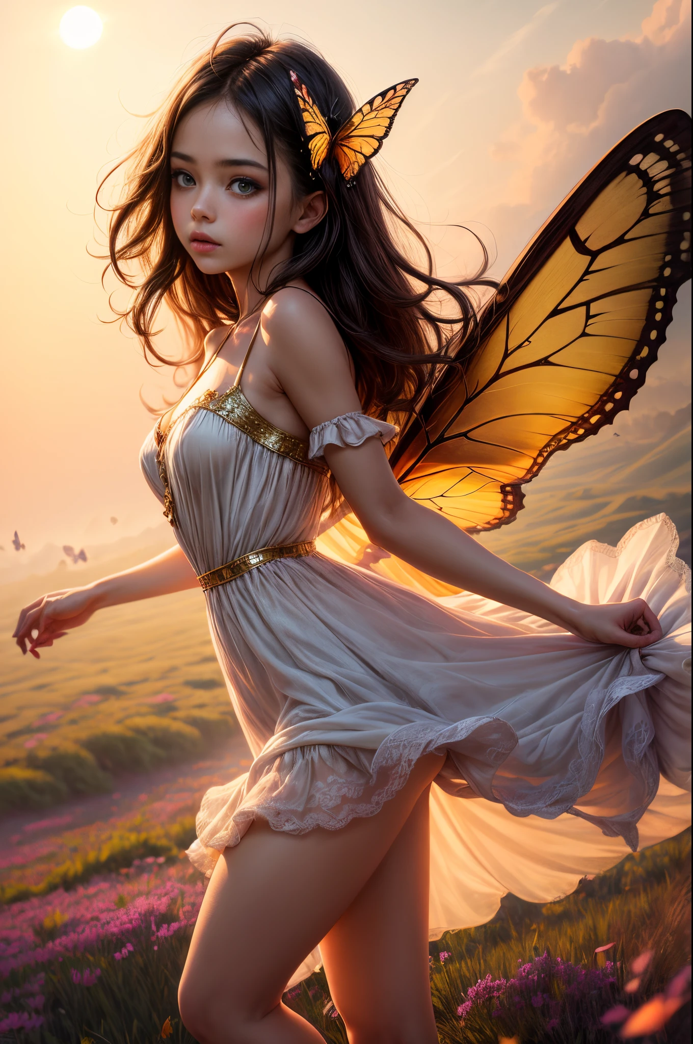 "((Innocent)) girl, golden hour, dreamy meadow, ethereal, whimsical, flowing dress, soft sunlight, enchanting, butterfly wings, (pastel clouds), liquid reflections