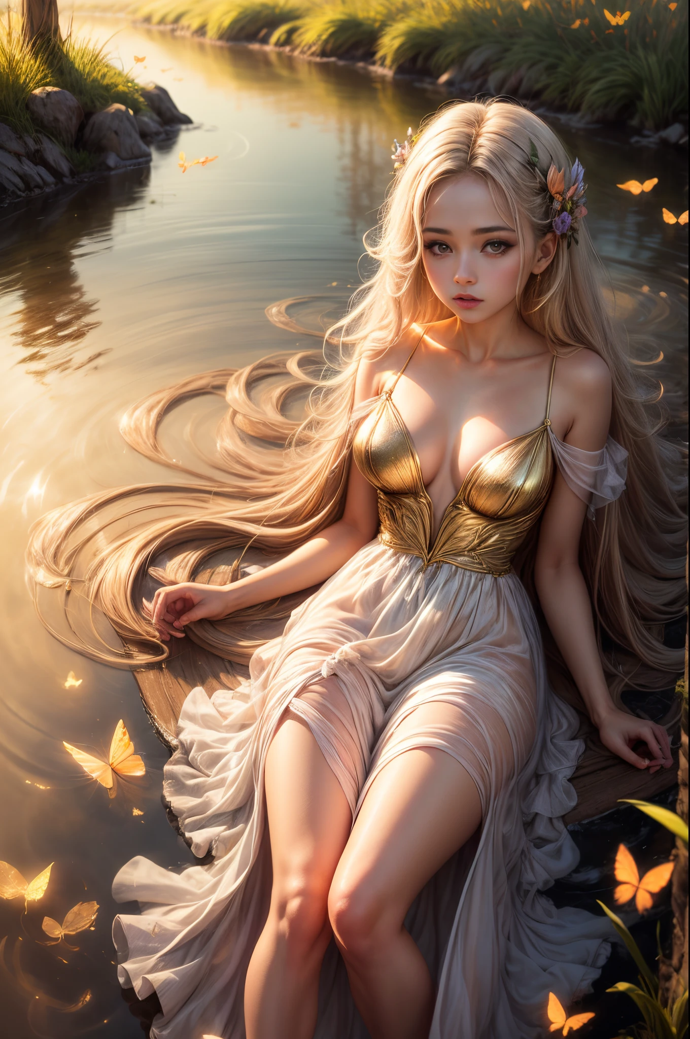 "((Innocent)) girl, golden hour, dreamy meadow, ethereal, whimsical, flowing dress, soft sunlight, enchanting, butterfly wings, (pastel clouds), liquid reflections