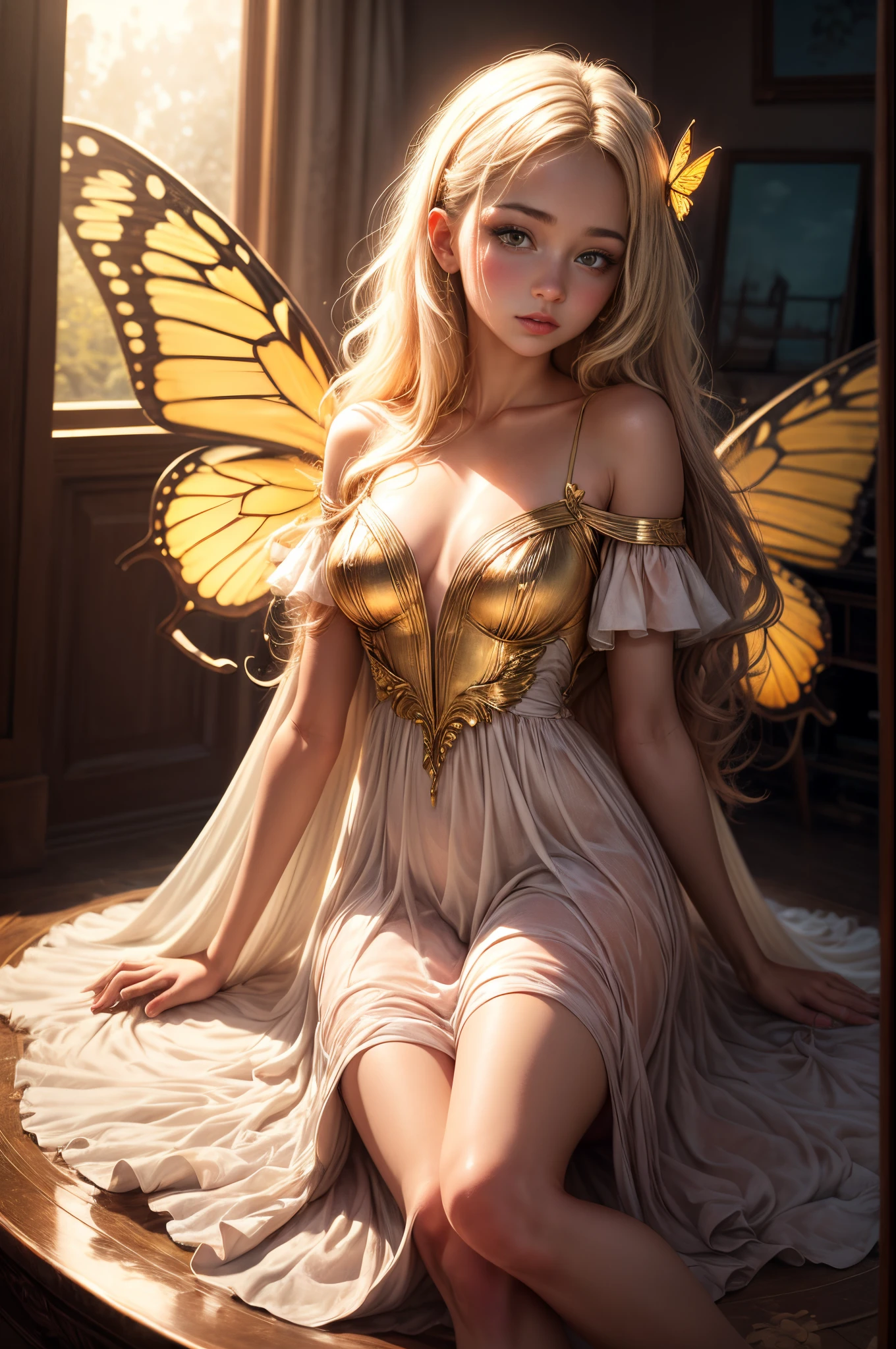 "((Innocent)) girl, golden hour, dreamy meadow, ethereal, whimsical, flowing dress, soft sunlight, enchanting, butterfly wings, (pastel clouds), liquid reflections