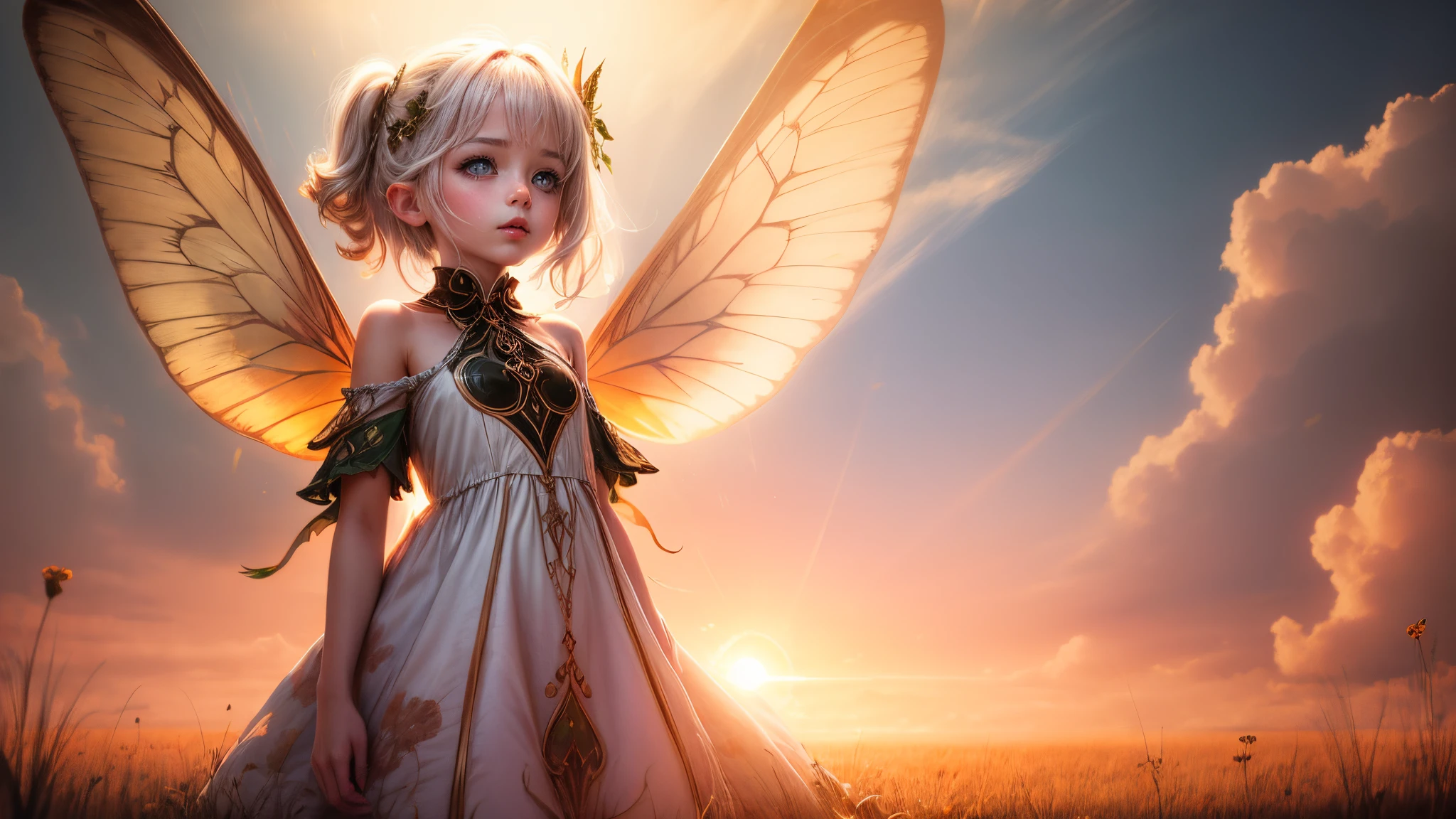 ((Innocent)) girl, golden hour, dreamy meadow, ethereal, whimsical, flowing dress, soft sunlight, enchanting, butterfly wings, (pastel clouds), liquid reflections