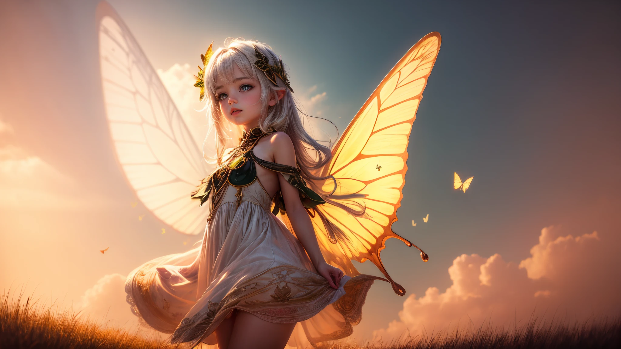 ((Innocent)) girl, golden hour, dreamy meadow, ethereal, whimsical, flowing dress, soft sunlight, enchanting, butterfly wings, (pastel clouds), liquid reflections