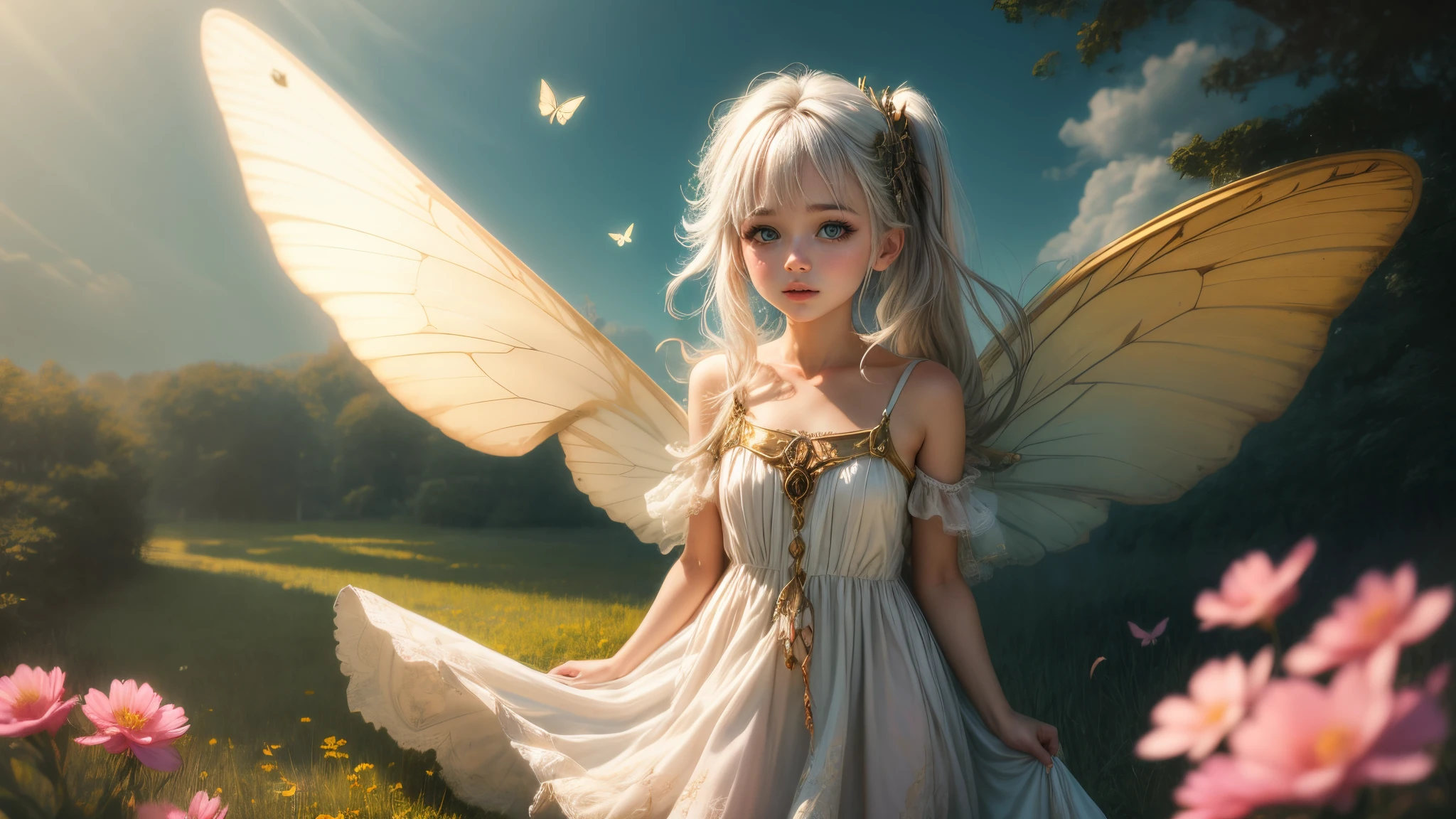 ((Innocent)) girl, golden hour, dreamy meadow, ethereal, whimsical, flowing dress, soft sunlight, enchanting, butterfly wings, (pastel clouds), liquid reflections