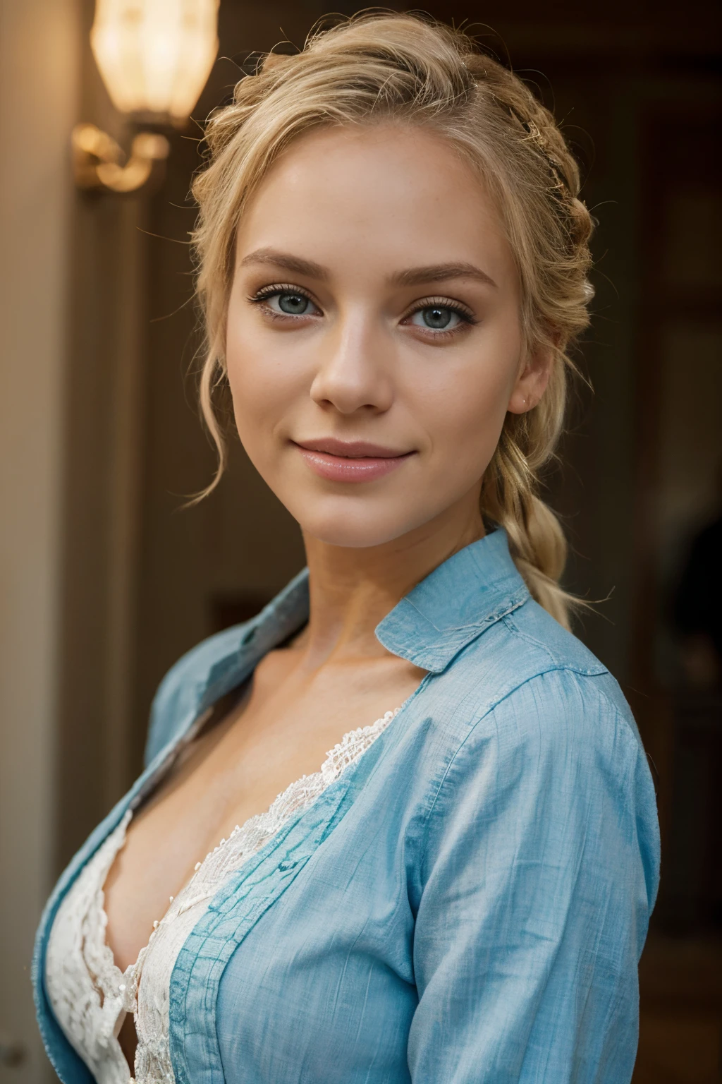 blonde de 25 ans, very classy, en tenue pour aller au bureau, yeux verts bleus, flirte avec la camera, blonde hair, white hair, french braid, makeup, smile, 135mm, Canon, f/16, UHD, anatomically correct, masterpiece, textured skin, super detail, high details, high quality, award winning, best quality, highres, 8k