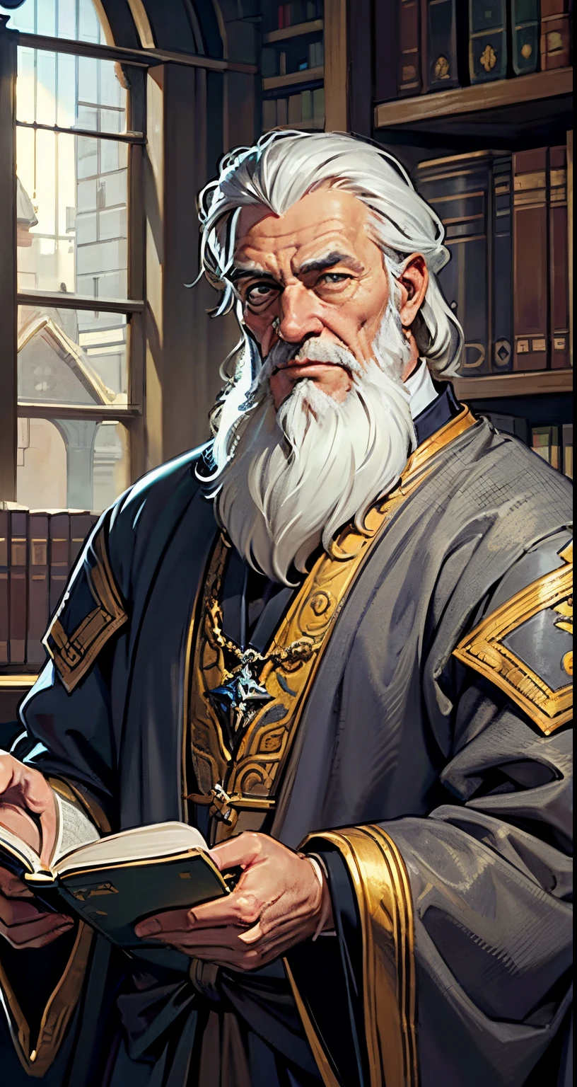 1 man, old man, solo focus, 132 years old, wise face, medium grey hair and beard, medieval scholar costume, tall body, light grey eyes, masterpiece, ultra HD, insane details, realistic, detailed face, detailed skin texture, blurred background, library, medieval times, holding large books, perfect hand, perfect details, golden ornaments, symmetrical eyes, perfect eyes