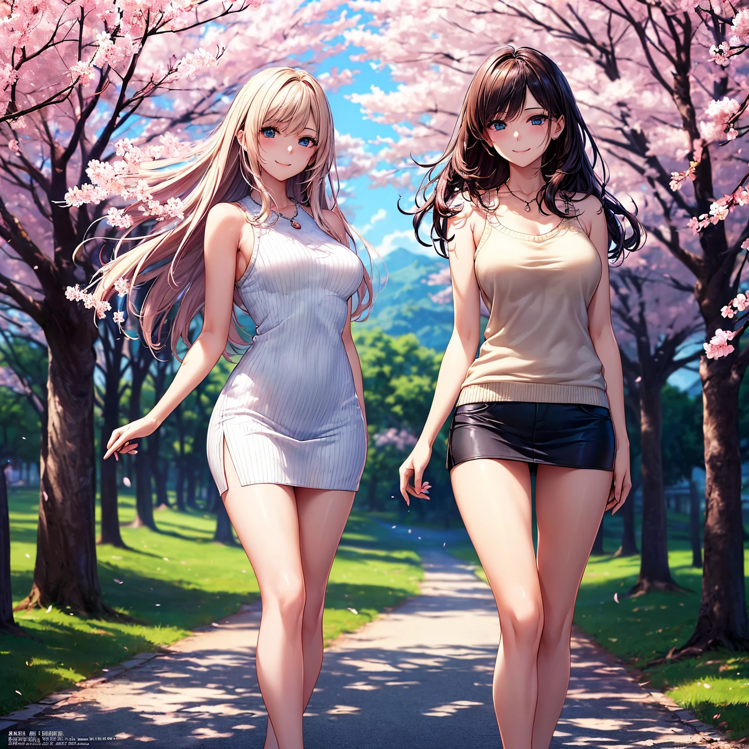 (top quality picture、masterpiece level、very high res、超A high resolution,High quality detailing)、(A 24-year-old beautiful girl with perfect and ultimate beauty.,beautiful breasts and figure,Beautiful body,美丽的面容,Strong-willed eyes,has a bright smile:1.5)、(There are many variations of hairstyles,The bangs are neatly arranged,long straight hair on the sides,Beautiful hair:1.2),lifelike textures,Beautiful colors,(Wear sleeveless knitwear,1 diamond necklace,wearing miniskirt,Wearing clothes that expose the shoulders,Beautiful legs are visible,),(A path lined with flourishing cherry blossom trees,Cherry blossoms in full bloom,The wind is blowing,Hair flutters under the influence of the wind:1.2),(model poses,modelshoot,Magazine shooting),(Beautiful Landscapes,The whole body,accurate anatomy、extremely detailed picture、Accurate images、Perfect Image 1.5)、beautiful anime woman, Beautiful Art Style, an animated character、(The whole picture、Detailed picture、Defect-free images、natural soft light、beautiful image),(Best Shot 1.2)