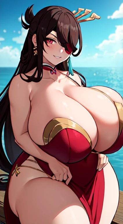 beidou，Genshin，long_hair, eyepatch, red_eyes, brown_hair, hair_ornament, hair_over_one_eye, breasts, one_eye_covered, hairpin, smile, hair_stick, jewelry, bangs, earrings, large_breasts, cleavage，tmasterpiece,The kinky  exposed  ，（Surreal breasttremely full breasts）），（（Super large）），Big breasts Thin waist，（（（Extremely large breasts））），seductiv，High detail，hyper qualit，high resolution，8K，8k smooth，(reality: 1.2)，(Highly realistic, Ultra-realistic, photograph realistic)，(Realism: 1.2)，Solo，(Perfect feminine curveig breasts:2)，(Huge breasts:2)，(gigantic cleavage breasts:2)，(Large breasts:2)，(Bare tits:1.4)，(chiseled abs : 1.1)，Nice strong legs，(Curvy:1.1)，Narrow waist，(gigantic hip:1)，(Thick thighs:1)，(Thick legs:1)