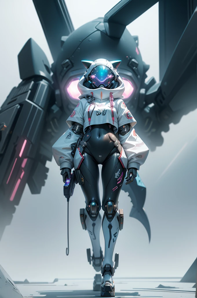 shark girl, (Blind box toy style:1.2), (Full body shot) , 1 Transparent cute girl,Behind him a transparent and cute shark, Transparent mech, Exquisite helmet:1.2, Luminous goggles:1.2, Cyberpunk, dreamy glow, luminous neon lights, Clean, bloody background, ( Global illumination, Ray traching, hdr, unreal render,reasonable design, high detal, Masterpiece, Best quality, hyper HD, Cinematic lighting)
