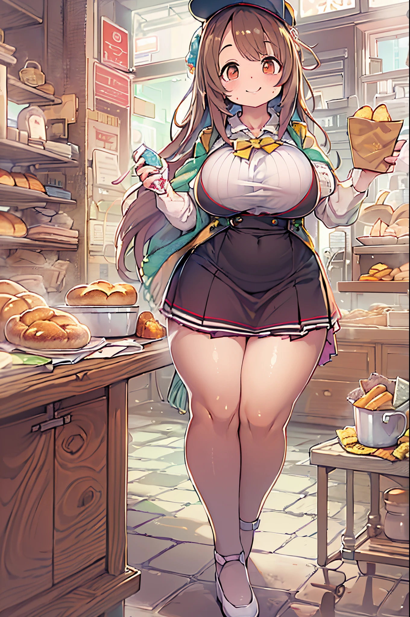 1人、huge-breasted、kawaii、bbw、thick thight、big butts、Ultramammy,pleatedskirt、Bakery、Baker、with a cuppa bread、A big smile