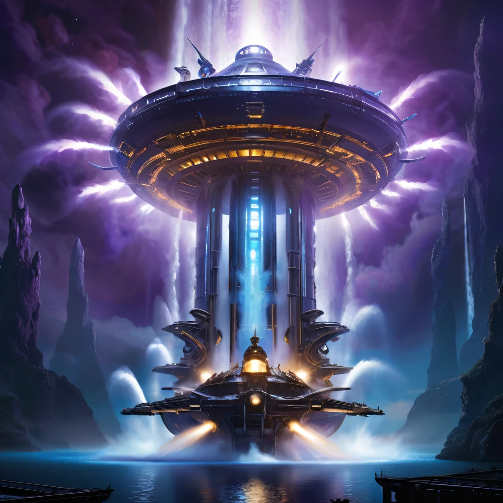 Spectacular futuristic sci-fi night spaceship erupting from steam engine，sparkling silver water column.There  a Chinese golden dragon spraying water in this water column，Emit purple energy，and emits a slight blue light，Make the entire spacecraft look mysterious and high-tech。 The shape of the water column in the spaceship  also very futuristic.........