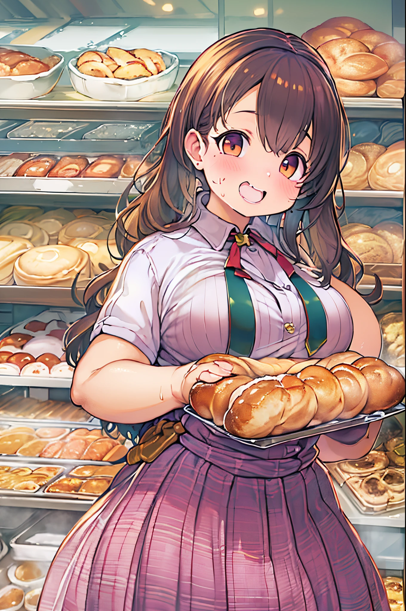 1人、huge-breasted、kawaii、bbw、thick thight、big butts、Ultramammy,pleatedskirt、Bakery、Baker、along with koppa bread、A big smile