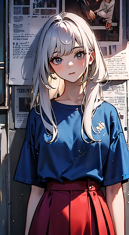 Upper body close-up, cyberpunk city, a girl standing in front of a wall with newspaper on the wall, silver hair, long hair, facial focus, black eyes, witty and beautiful facial features, green print t-shirt, apricot skirt, split long skirt, embroidery pattern, dynamic pose, HDR, detailed details, fashion, cinematic light, detailed clothing texture, game CG, bright art style, real shadows