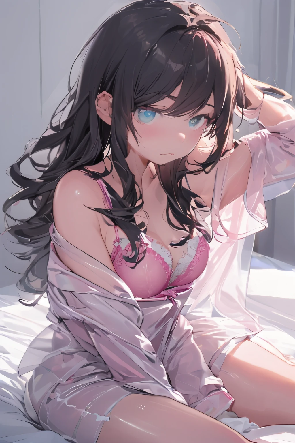 The girl lay on the bed,wet,mesmerizing eyes,Operation Warming,Turn your face away from the camera,stooped,stooped,Turn Back,look up your head,Transparent silk pajamas ,Thick long hair,The body details are very rich,The face very detailed,Best quality,(pink bra),(Off-the-shoulder open-front translucent shirt),