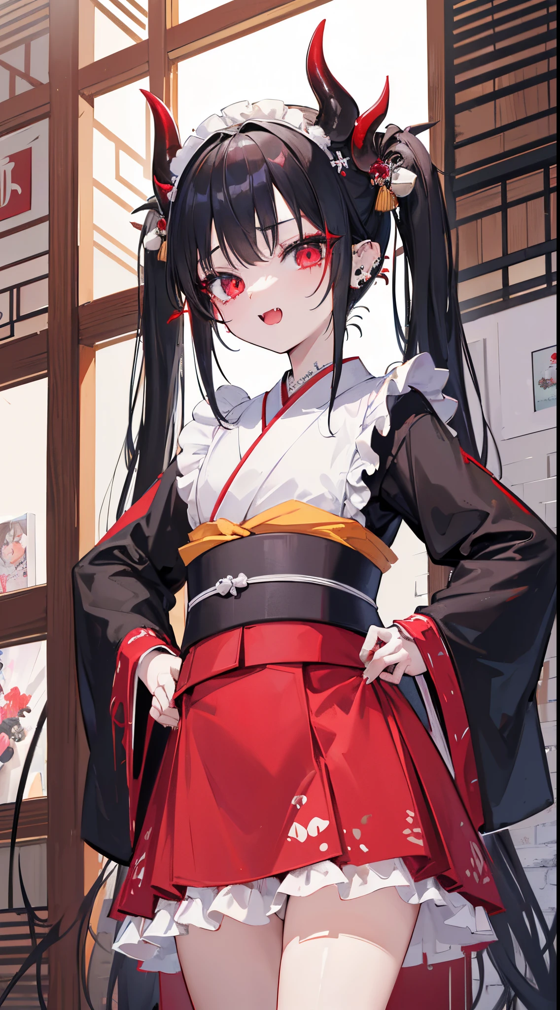 (8K、Top image quality、top-quality、​masterpiece)、1 loli、Black hair twintails、demonic horns、Pointed ears、piercings、red eyes、Show your fangs and laugh、Doya face、Smaller chest、((kimono maid))、cowboy  shot、Put your hands on your hips、Taken from below、Coffee shop background