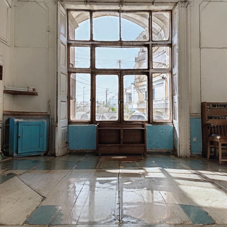 Biblioteca abandonada, con dos ventanas cuadradas con marco rectangular con luz blanca y azul, muebles antiguos, hiperrealista, 8k, iso800
