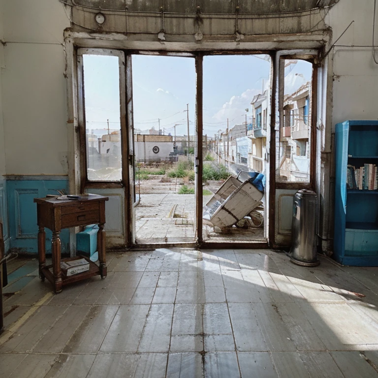 Biblioteca abandonada, con dos ventanas cuadradas con marco rectangular con luz blanca y azul, muebles antiguos, hiperrealista, 8k, iso800