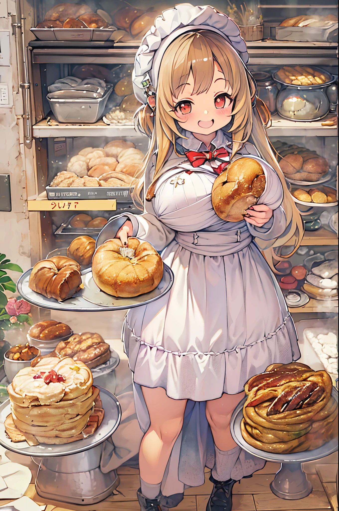 女の子1人、huge-breasted、kawaii、bbw、thick thight、big butts、Ultramammy,pleatedskirt、Bakery、Baker、along with koppa bread、A big smile